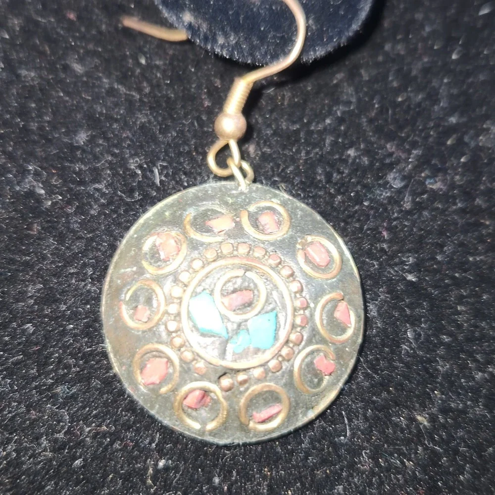 Tibetan Mosaic Inlay Drop Earrings Turquoise Coral Brass Boho Round Dangle